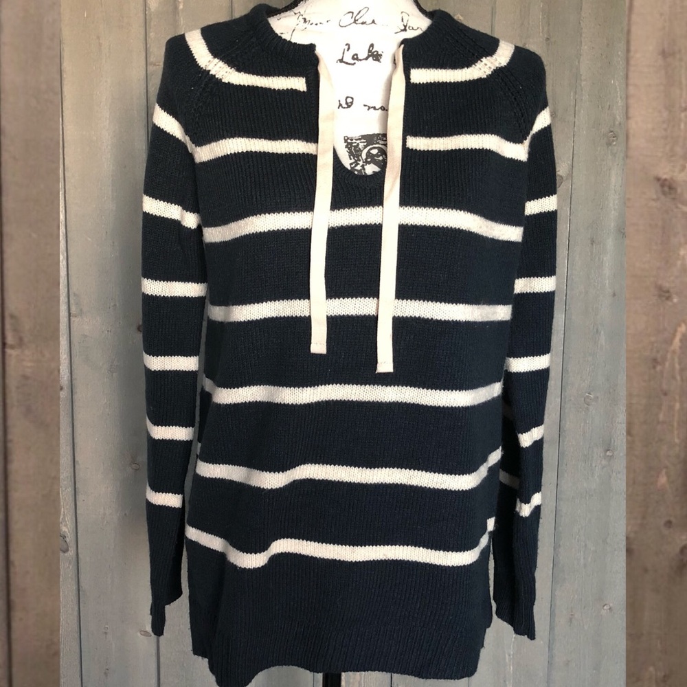 GAP Lightweight Wool Blend Tunic Sweater Navy Off-White Stripe Medium M